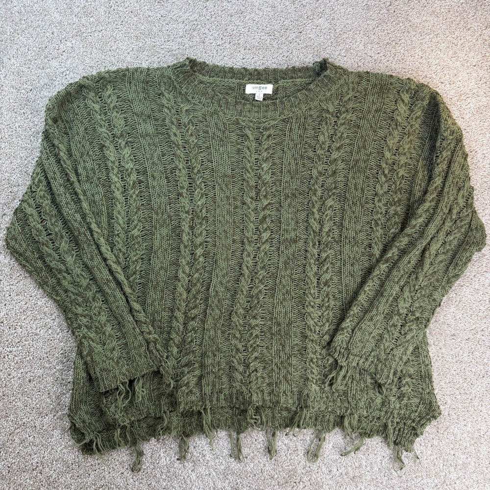 Umgee Sweater Womens L Green Cable Knit Fringe Dolman 3/4 Sleeve Pullover